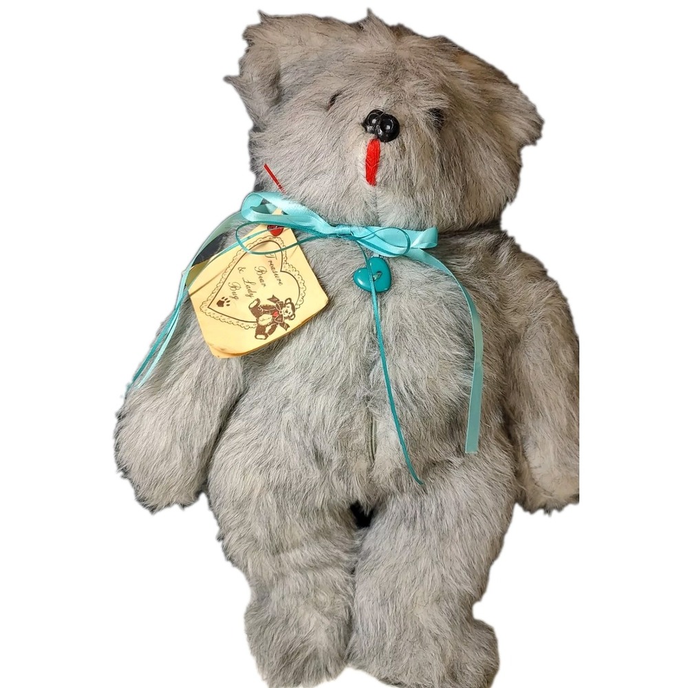 Vintage Treasure Bear andโ Ladybug Gray Bear Plush With Tags Handmade 1988